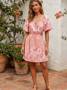 Peach Love California Floral side Cutouts Mini Dress Size Small